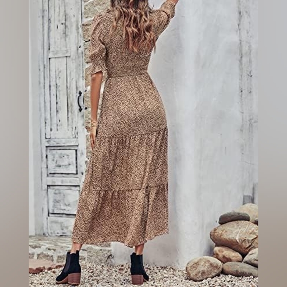 BTFBM Bohemian Leopard Print Tiered Smocked Maxi Dress - Picture 3 of 7